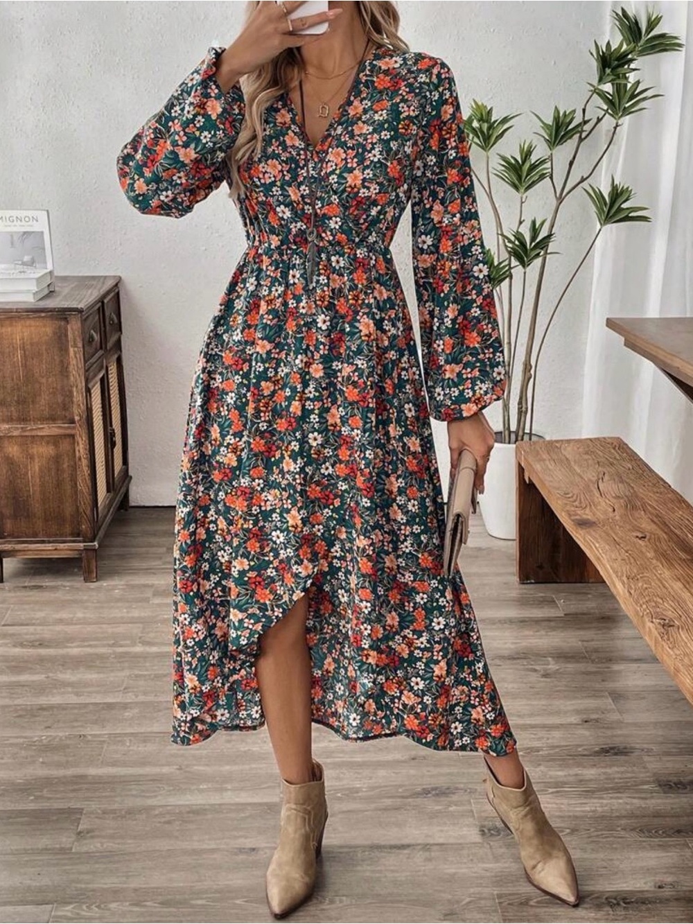 Floral V-Neck Long Sleeve Midi Dress in Forest Green & Orange